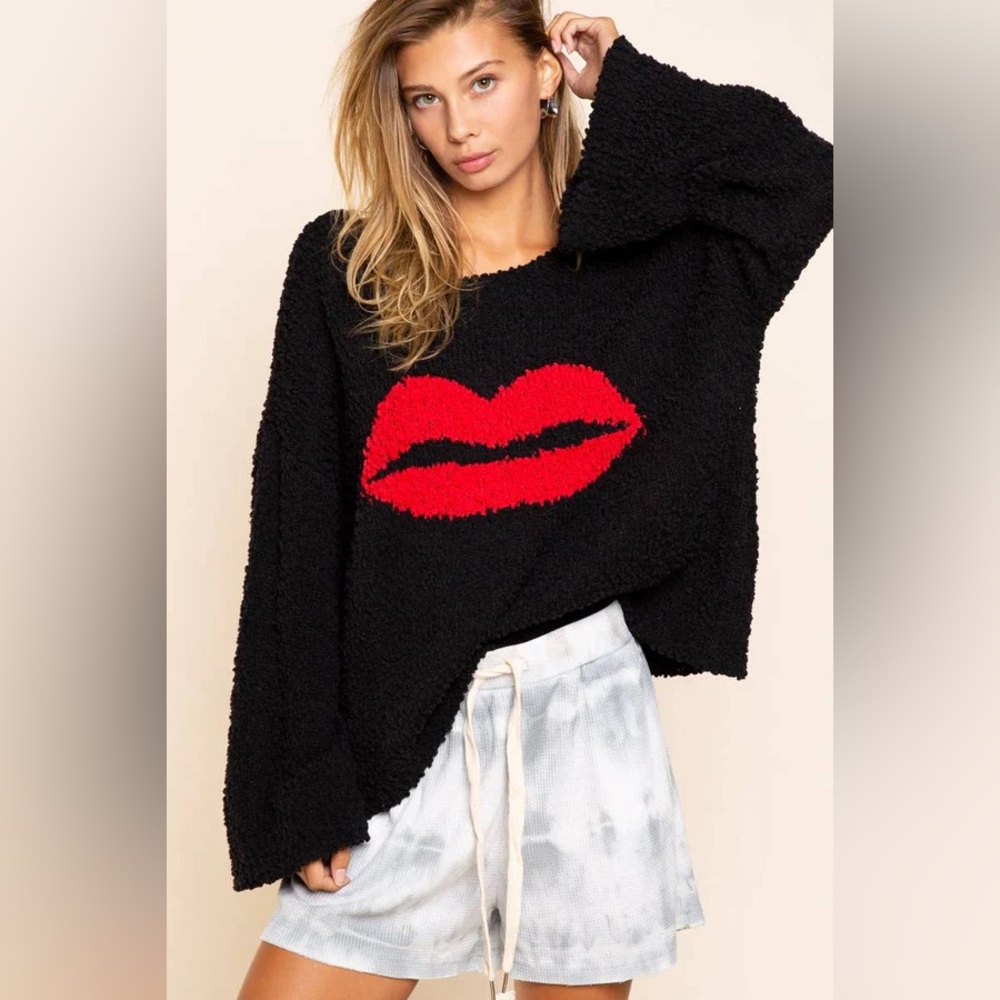Black Popcorn Red Lips Sweater